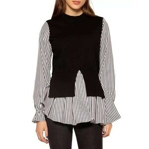 GRACIA NWT Mixed Media Knit Top Striped Black White Long Sleeve Sweater Hybrid S